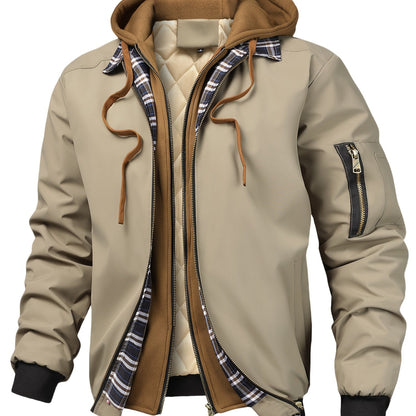 Chaqueta con Capucha y Cremallera para Hombre - Corte Holgado Casual, Marrón y Patrón a Cuadros, Capucha con Cordón, Mangas Largas, Forro, Perfecta para Primavera, Otoño e Invierno, Chaqueta de Otoño Invierno | Chaqueta con Patrón de Cuadros | Chaqueta co