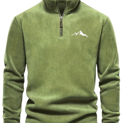 Chaqueta de forro polar grueso para hombre, con cremallera de 1/4, estilo otoño e invierno, con cuello alto pequeño y bordado de montaña