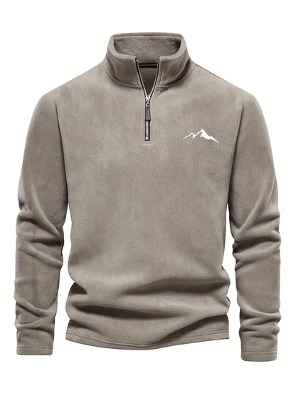 Chaqueta de forro polar grueso para hombre, con cremallera de 1/4, estilo otoño e invierno, con cuello alto pequeño y bordado de montaña