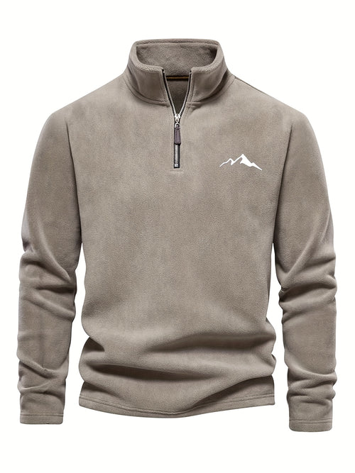Chaqueta de forro polar grueso para hombre, con cremallera de 1/4, estilo otoño e invierno, con cuello alto pequeño y bordado de montaña