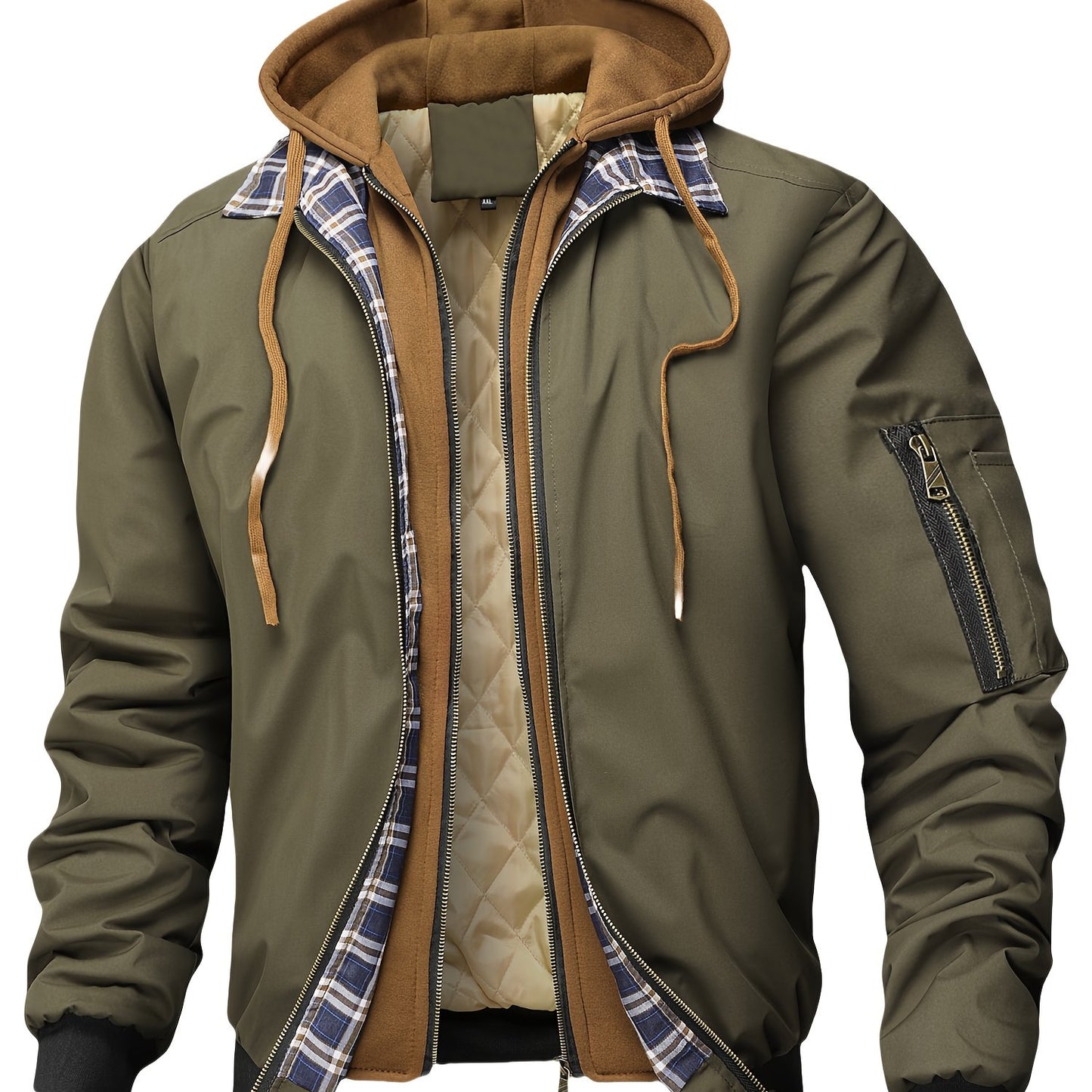 Chaqueta con Capucha y Cremallera para Hombre - Corte Holgado Casual, Marrón y Patrón a Cuadros, Capucha con Cordón, Mangas Largas, Forro, Perfecta para Primavera, Otoño e Invierno, Chaqueta de Otoño Invierno | Chaqueta con Patrón de Cuadros | Chaqueta co