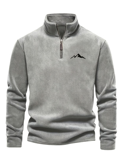 Chaqueta de forro polar grueso para hombre, con cremallera de 1/4, estilo otoño e invierno, con cuello alto pequeño y bordado de montaña
